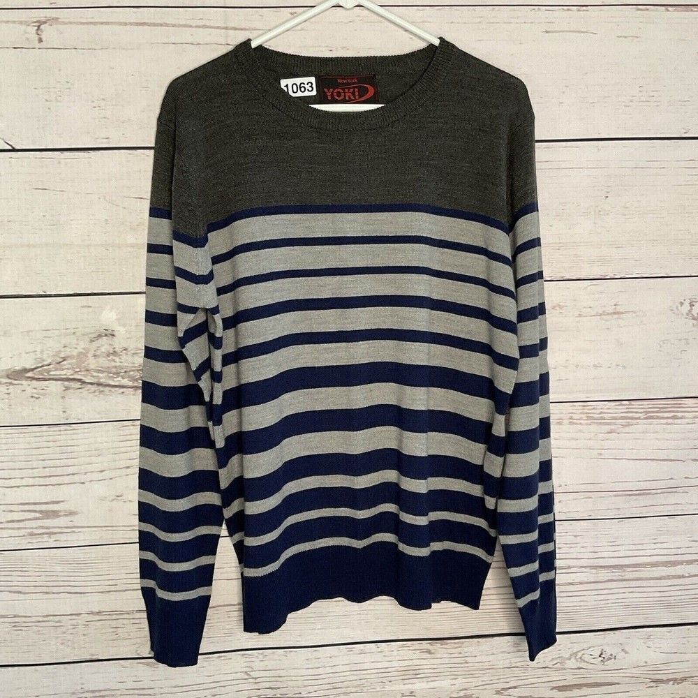 NWOT Yoki Men's Grey/Black Solid Stripes Long Sleeve Knit Sweater Size L
